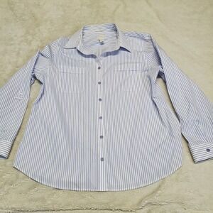 Chico's Blue White Striped Blouse Large Classic Office Capsule Old Money Work